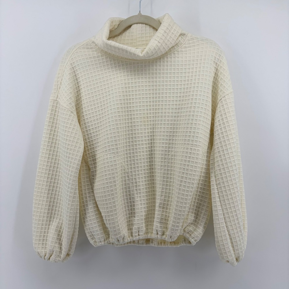 Max Studio Womens XS Cream Waffle Knit Turtleneck Bubble Hem Pullover Casual